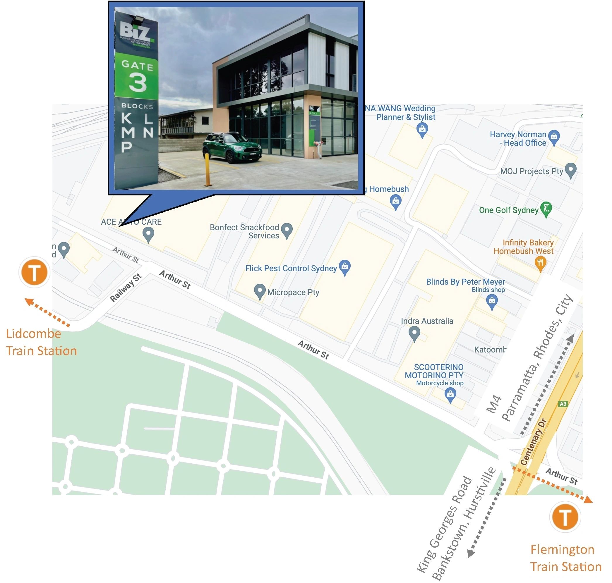 Homebush Hub location map showing transport and parking