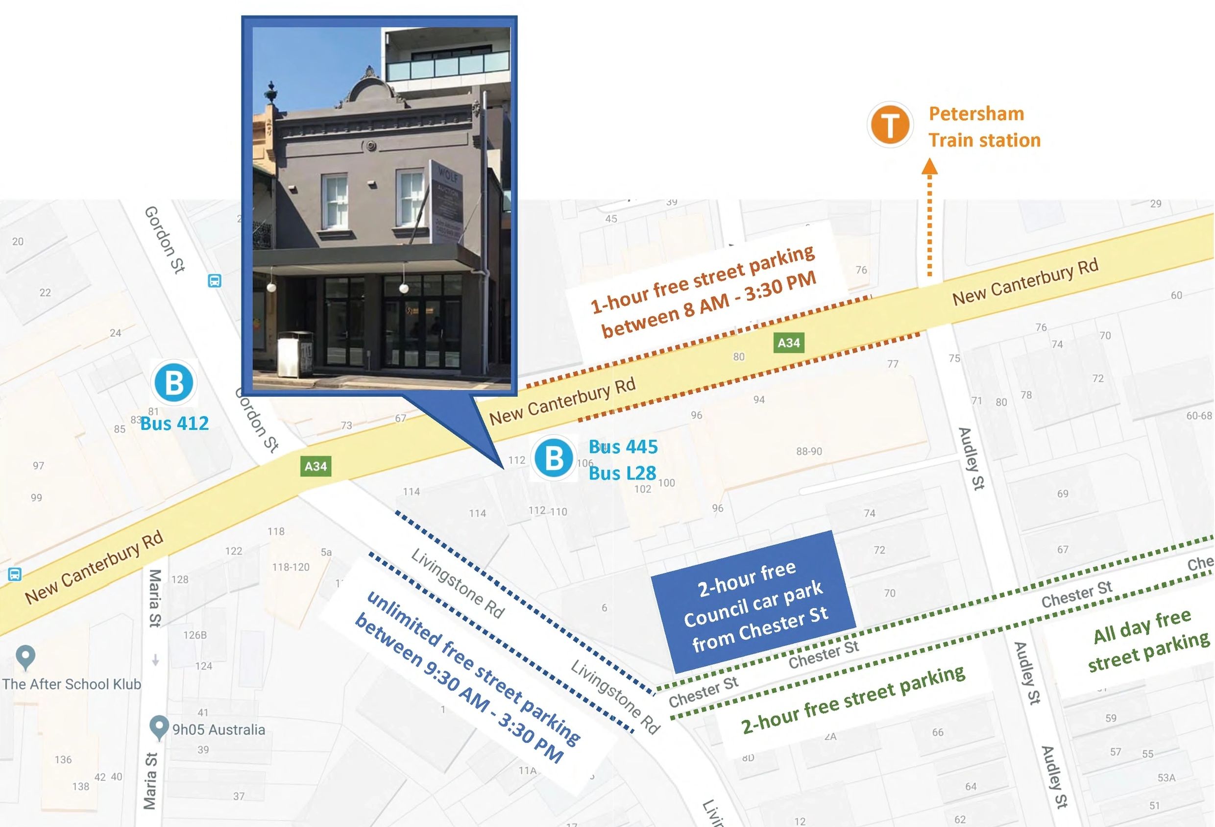 Petersham Hub location map showing transport and parking